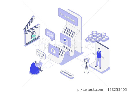 Blogging isometric concept in outline isometry design for web. People creating new content in social media and blogs, posting and sharing video to followers, makes promotion. Vector illustration. Blogging isometric concept in outline isometry design for web. People creating new content in social media and blogs, posting and sharing video to followers, makes promotion. Vector illustration. 138253403