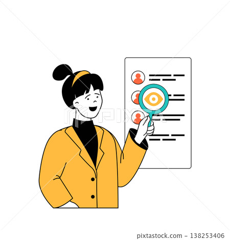 Marketing and development concept with cartoon people in flat design for web. Woman makes market research and searching new clients. Vector illustration for social media banner, marketing material. 138253406
