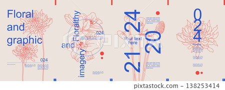 Floral modern banner with trendy minimalistic typography design. Poster templates with dahlia, lily and blossom lotus stems silhouettes, abstract geometric shapes, text elements. Vector illustration. 138253414