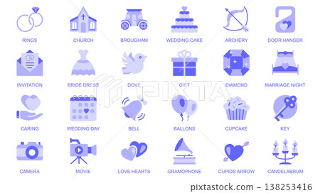Wedding web icons set in duotone flat design. Pack pictograms with rings, church, brougham, cake, archery, invitation, bride dress, dove, gift, love hearts, marriage night, other. Vector illustration. Wedding web icons set in duotone flat design. Pack pictograms with rings, church, brougham, cake, archery, invitation, bride dress, dove, gift, love hearts, marriage night, other. Vector illustration. 138253416