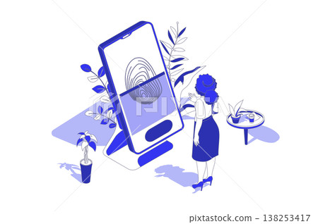 Biometric control 3d isometric concept in isometry graphic design for web. People scene with woman logins to online account or unblock mobile phone with fingerprint identity. Vector illustration. Biometric control 3d isometric concept in isometry graphic design for web. People scene with woman logins to online account or unblock mobile phone with fingerprint identity. Vector illustration. 138253417
