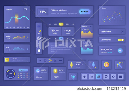 User interface elements set for Cryptocurrency mobile app or web. Kit template with HUD, finance statistics, trading data, bitcoin graph, currency exchange. Pack of UI, UX, GUI. Vector components. User interface elements set for Cryptocurrency mobile app or web. Kit template with HUD, finance statistics, trading data, bitcoin graph, currency exchange. Pack of UI, UX, GUI. Vector components. 138253429