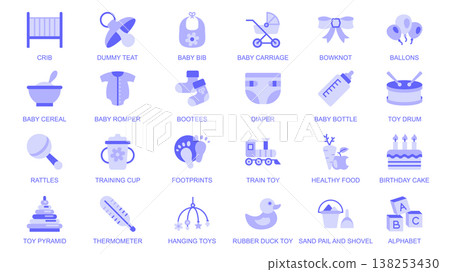 Baby elements web icons set in duotone flat design. Pack pictograms with crib, dummy teat, bib, carriage, bowknot, balloons, cereal, romper, booties, diaper, bottle, toys, other. Vector illustration. Baby elements web icons set in duotone flat design. Pack pictograms with crib, dummy teat, bib, carriage, bowknot, balloons, cereal, romper, booties, diaper, bottle, toys, other. Vector illustration. 138253430