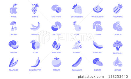 Fruit and vegetable web icons set in duotone flat design. Pack pictograms with apple, grape, kiwi, strawberry, watermelon, pineapple, cherry, banana, coconut, pear, lemon, other. Vector illustration. 138253440