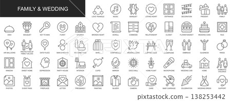 Family and wedding web icons set in thin line design. Pack of relationship, love triangle, banquet, church, flower bouquet, care, support, photos, other outline stroke pictograms. Vector illustration. Family and wedding web icons set in thin line design. Pack of relationship, love triangle, banquet, church, flower bouquet, care, support, photos, other outline stroke pictograms. Vector illustration. 138253442
