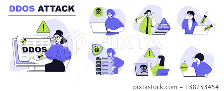 DDoS attack concept set for web design. Collection with people suffering from danger overload network traffic, hacker digital bombs and viruses. Flat vector illustration isolated on white background. 138253454