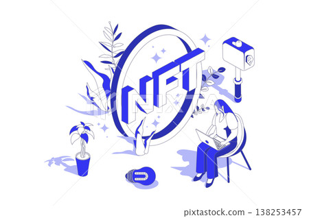NFT token 3d isometric concept in isometry graphic design for web. People scene with woman trading digital arts with non-fungible tokens at cryptocurrency marketplace online. Vector illustration. NFT token 3d isometric concept in isometry graphic design for web. People scene with woman trading digital arts with non-fungible tokens at cryptocurrency marketplace online. Vector illustration. 138253457