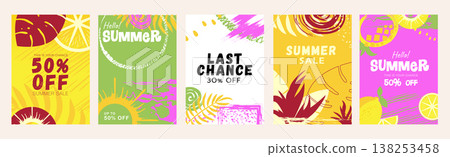 Summer sale cover brochure set in trendy flat design. Summertime banner templates with decorative palm tree leaves, simple lemon and pineapple, blots, shopping promotion offers. Vector illustration. Summer sale cover brochure set in trendy flat design. Summertime banner templates with decorative palm tree leaves, simple lemon and pineapple, blots, shopping promotion offers. Vector illustration. 138253458