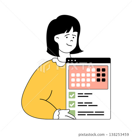 Time management concept with cartoon people in flat design for web. Woman making organization and optimization processes with calendar. Vector illustration for social media banner, marketing material. Time management concept with cartoon people in flat design for web. Woman making organization and optimization processes with calendar. Vector illustration for social media banner, marketing material. 138253459