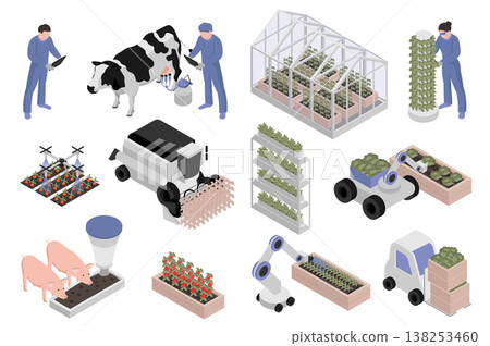 Greenhouse farming isometric elements constructor mega set. Creator kit with flat graphic farmers, livestock, smart planting automation machinery, harvesting. Vector illustration in 3d isometry design Greenhouse farming isometric elements constructor mega set. Creator kit with flat graphic farmers, livestock, smart planting automation machinery, harvesting. Vector illustration in 3d isometry design 138253460