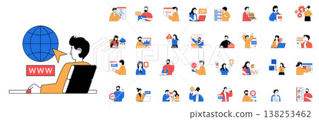 Programming concept with character situations mega set in flat web design. Bundle of scenes people working with program code, coding apps and creating software, fixing bugs. Vector illustrations. 138253462