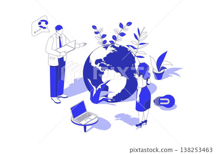 Global business 3d isometric concept in isometry graphic design for web. People scene with colleagues team developing international company with remote workers and freelancers. Vector illustration. 138253463