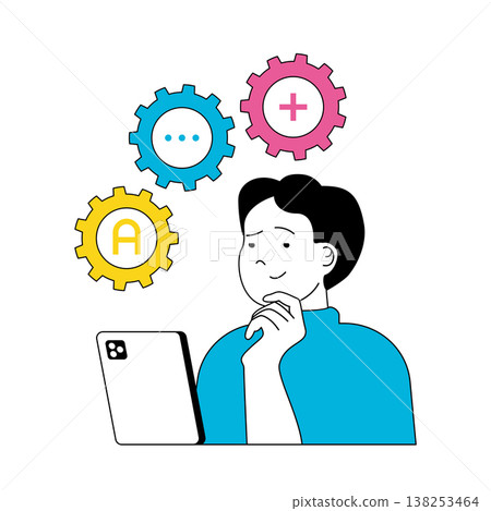 Design development concept with cartoon people in flat design for web. Man engineering and programming, makes optimization settings. Vector illustration for social media banner, marketing material. 138253464