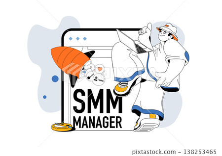 SMM manager outline web modern concept in flat line design. Man analyzing social media trends and creating digital content in blogs. Vector illustration for social media banner, marketing material. 138253465