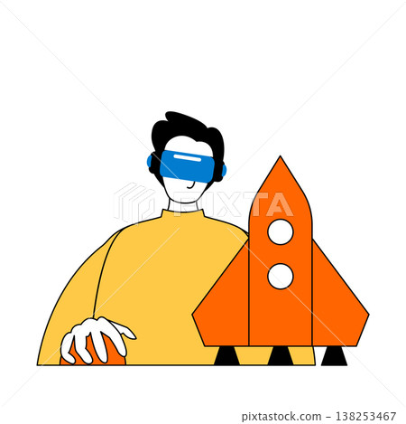 Virtual reality concept with cartoon people in flat design for web. Man in VR headset launching startup e-business, developing company. Vector illustration for social media banner, marketing material. Virtual reality concept with cartoon people in flat design for web. Man in VR headset launching startup e-business, developing company. Vector illustration for social media banner, marketing material. 138253467