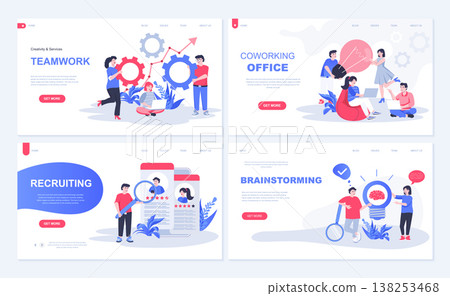 Office teamwork web concept for landing page in flat design. Colleagues brainstorming and collaboration, coworking space, recruiting process. Vector illustration with people characters for homepage Office teamwork web concept for landing page in flat design. Colleagues brainstorming and collaboration, coworking space, recruiting process. Vector illustration with people characters for homepage 138253468