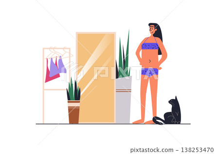 Underwear web concept with people scene in flat design. Beautiful woman with body positive mindset choosing lingerie by mirror at store showroom. Vector illustration with character situation for web 138253470