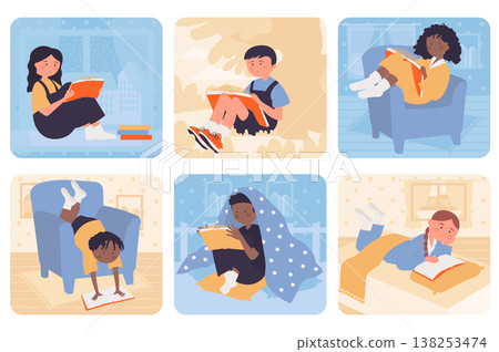 Children reading books concept with people situation set in flat web design. Bundle scenes with multiethnic diverse characters spend time with literature, pupils read textbook. Vector illustrations. Children reading books concept with people situation set in flat web design. Bundle scenes with multiethnic diverse characters spend time with literature, pupils read textbook. Vector illustrations. 138253474