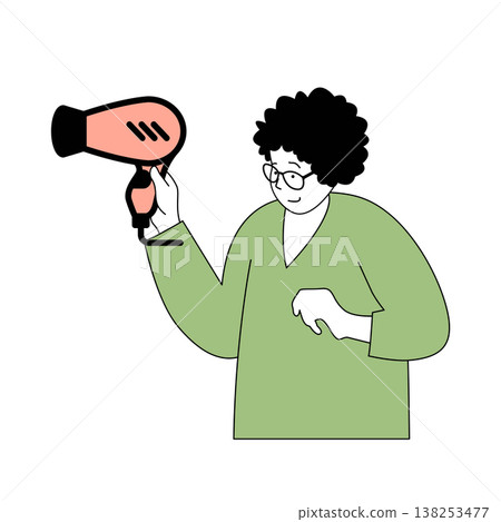 Beauty salon concept with cartoon people in flat design for web. Hairdresser with dryer making hairstyle for client at barbershop. Vector illustration for social media banner, marketing material. 138253477