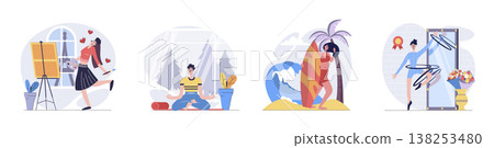 Hobby concept with people scenes set in flat web design. Collection of character situation with man and woman painting art, meditating, surfing and doing gymnastics training. Vector illustrations. 138253480
