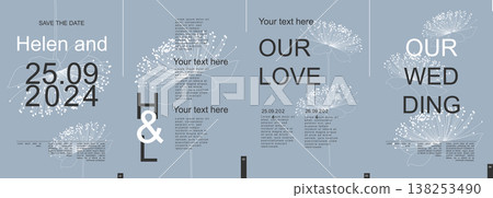 Wedding modern banner with trendy minimalist typography design. Poster templates with simple elegant flower line silhouettes, date and text elements for ceremony invitation. Vector illustration. Wedding modern banner with trendy minimalist typography design. Poster templates with simple elegant flower line silhouettes, date and text elements for ceremony invitation. Vector illustration. 138253490