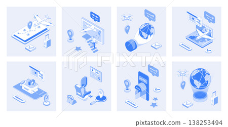 Booking 3d isometric concept set with isometry icons design for web. Collection of airplane route map, tickets searching, ordering luggage transportation, hotel room reservation. Vector illustration Booking 3d isometric concept set with isometry icons design for web. Collection of airplane route map, tickets searching, ordering luggage transportation, hotel room reservation. Vector illustration 138253494