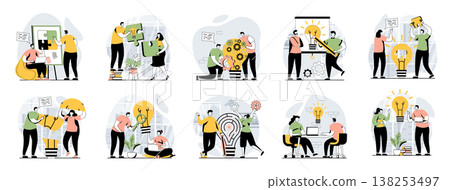 Teamwork web concept with people scenes mega set in flat design. Bundle of character situations with brainstorming for developing business, working together, team collaboration. Vector illustrations. Teamwork web concept with people scenes mega set in flat design. Bundle of character situations with brainstorming for developing business, working together, team collaboration. Vector illustrations. 138253497