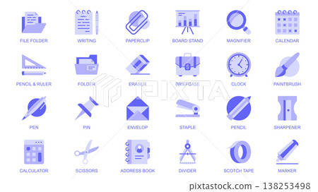 Stationery web icons set in duotone flat design. Pack pictograms with file folder, writing, paperclip, board stand, magnifier, calendar, pencil, ruler, eraser, briefcase, clock. Vector illustration. Stationery web icons set in duotone flat design. Pack pictograms with file folder, writing, paperclip, board stand, magnifier, calendar, pencil, ruler, eraser, briefcase, clock. Vector illustration. 138253498