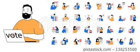 Online voting concept with character situations mega set in flat web design. Bundle of scenes people making decisions at political election, putting vote paper in ballot box. Vector illustrations. Online voting concept with character situations mega set in flat web design. Bundle of scenes people making decisions at political election, putting vote paper in ballot box. Vector illustrations. 138253500