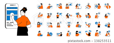 Travel concept with character situations mega set in flat web design. Bundle of scenes people planning trip online, booking tickets, go in vacation with sightseeing excursions. Vector illustrations. Travel concept with character situations mega set in flat web design. Bundle of scenes people planning trip online, booking tickets, go in vacation with sightseeing excursions. Vector illustrations. 138253511