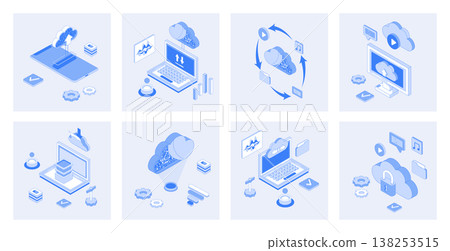 Cloud storage 3d isometric concept set with isometric icons design for web. Collection of uploading and downloading data, online backup system, cyberspace processing and computing. Vector illustration Cloud storage 3d isometric concept set with isometric icons design for web. Collection of uploading and downloading data, online backup system, cyberspace processing and computing. Vector illustration 138253515
