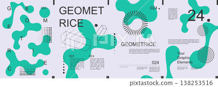 Geometric modern banner with trendy minimalist typography design. Poster templates with abstract dynamic liquid shapes, graphic line cubes, circle dots grids and text elements. Vector illustration. Geometric modern banner with trendy minimalist typography design. Poster templates with abstract dynamic liquid shapes, graphic line cubes, circle dots grids and text elements. Vector illustration. 138253516