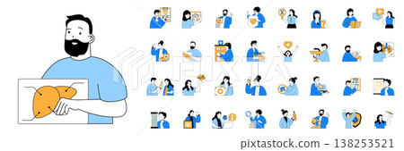 Medical concept with character situations mega set in flat web design. Bundle of scenes people visiting doctor at hospital, getting diagnostic and rehabilitation at clinic. Vector illustrations. 138253521