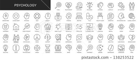 Psychology web icons set in thin line design. Pack of relationship, love, influence, listening, support, brainstorm, anxiety, charity, meeting, other outline stroke pictograms. Vector illustration. Psychology web icons set in thin line design. Pack of relationship, love, influence, listening, support, brainstorm, anxiety, charity, meeting, other outline stroke pictograms. Vector illustration. 138253522