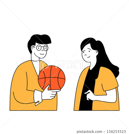 Fitness concept with cartoon people in flat design for web. Woman and man playing basketball and training in team for competition. Vector illustration for social media banner, marketing material. Fitness concept with cartoon people in flat design for web. Woman and man playing basketball and training in team for competition. Vector illustration for social media banner, marketing material. 138253523