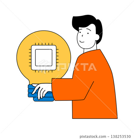 Virtual reality concept with cartoon people in flat design for web. Man using processor circuit for artificial intelligence computing. Vector illustration for social media banner, marketing material. Virtual reality concept with cartoon people in flat design for web. Man using processor circuit for artificial intelligence computing. Vector illustration for social media banner, marketing material. 138253530