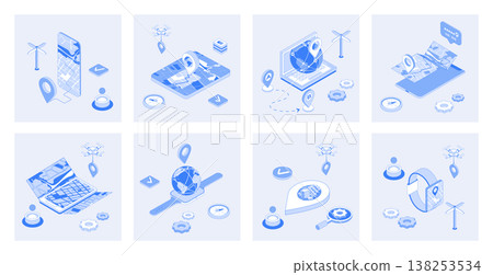 GPS navigation 3d isometric concept set with isometric icons design for web. Collection of global positioning system, online tracking, traffic view and maps, gadget navigators. Vector illustration GPS navigation 3d isometric concept set with isometric icons design for web. Collection of global positioning system, online tracking, traffic view and maps, gadget navigators. Vector illustration 138253534