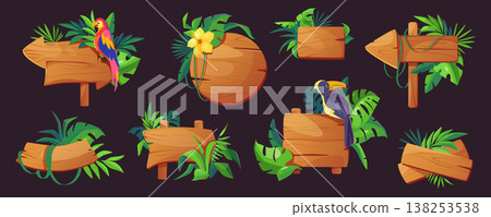 Jungle game sign boards mega set in cartoon graphic design. Bundle elements of different shapes of empty wooden signposts and pointers with leaves and parrots. Vector illustration isolated objects 138253538