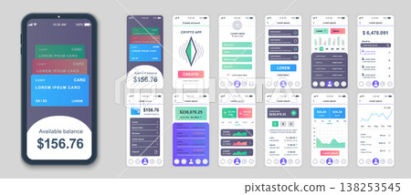 Crypto mobile app screens set for web templates. Pack of financial account, cryptocurrency statistics, investment data analysis. UI, UX, GUI user interface kit for cellphone layouts. Vector design Crypto mobile app screens set for web templates. Pack of financial account, cryptocurrency statistics, investment data analysis. UI, UX, GUI user interface kit for cellphone layouts. Vector design 138253545
