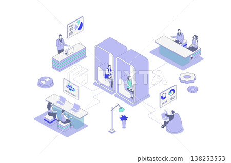 Coworking isometric concept in outline isometry design for web. People working on laptop in open space office, colleagues team meeting, freelancers doing tasks at workplace. Vector illustration. 138253553
