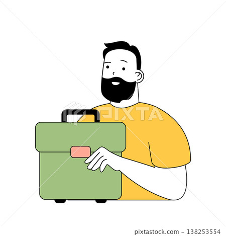 Beauty salon concept with cartoon people in flat design for web. Man works as stylist and holds cosmetic bag with makeup products. Vector illustration for social media banner, marketing material. Beauty salon concept with cartoon people in flat design for web. Man works as stylist and holds cosmetic bag with makeup products. Vector illustration for social media banner, marketing material. 138253554
