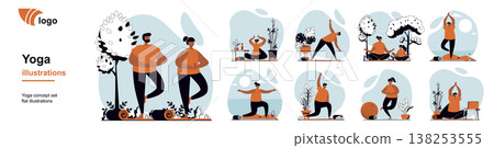 Yoga training concept with people scenes mega set in flat web design. Bundle of character situation with meditation, practice asanas, breathing, bodycare and healthy lifestyle. Vector illustrations. 138253555