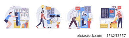 Web development concept with people scenes set in flat design. Collection of character situation with developers creating and programming wireframe app interfaces with content. Vector illustrations. Web development concept with people scenes set in flat design. Collection of character situation with developers creating and programming wireframe app interfaces with content. Vector illustrations. 138253557