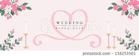 Wedding horizontal web banner. Abstract flower bouquets, candles with heart shape pink ribbon. Romance marriage invitation. Vector illustration for header website, cover templates in modern design 138253561