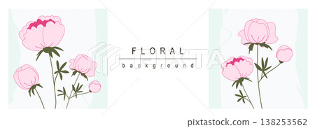 Floral horizontal web banner. Pink blooming peony bouquets with green leaves on abstract background. Summer flowers backdrop. Vector illustration for header website, cover templates in modern design 138253562
