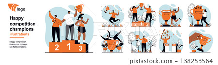 Happy competition champions concept with people scenes mega set in flat web design. Bundle of character situation with athletes winning first place, prize trophies rewards. Vector illustrations. Happy competition champions concept with people scenes mega set in flat web design. Bundle of character situation with athletes winning first place, prize trophies rewards. Vector illustrations. 138253564