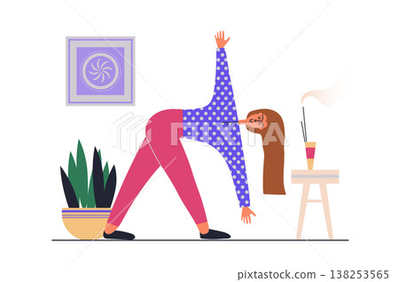Fitness at home web concept with people scene in flat design. Woman doing stretching exercises workout or pilates training, making yoga asanas. Vector illustration with character situation for web Fitness at home web concept with people scene in flat design. Woman doing stretching exercises workout or pilates training, making yoga asanas. Vector illustration with character situation for web 138253565