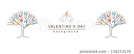 Valentine Day horizontal web banner. Romantic birds couple kissing near love decorative trees with hearts on white background. Vector illustration for header website, cover templates in modern design 138253570