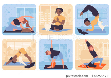 Yoga training concept with people situation set in flat web design. Bundle scenes with multiethnic diverse characters doing asanas or stretch exersices, sit in meditation pose. Vector illustrations. 138253572