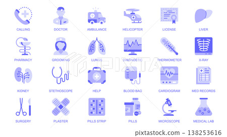 Medical healthcare web icons set in duotone flat design. Pack pictograms with doctor, ambulance, liver, pharmacy, nurse, lungs, diagnostic, thermometer, x-ray, help, pills, other. Vector illustration. 138253616